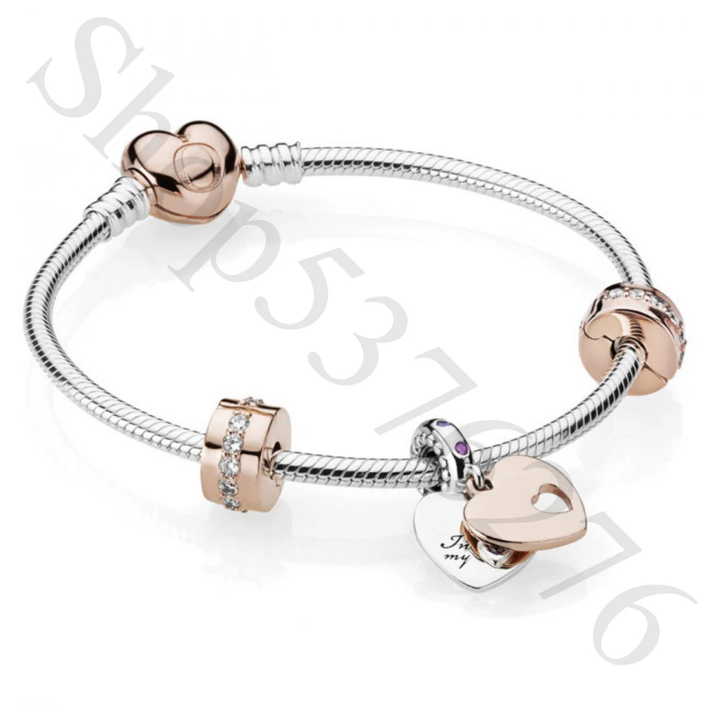 

Authentic 925 Sterling Silver Moments Sparkling Rose In My Heart Fashion Bracelet Set Fit Women Bead Charm Gift DIY Jewelry