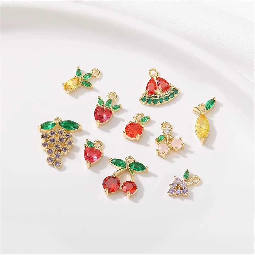 

14K Gold Color Zirconia Fruit Series Small Pendant Strawberry Pineapple Grape Pendant DIY Bracelet Jewelry Accessories L427