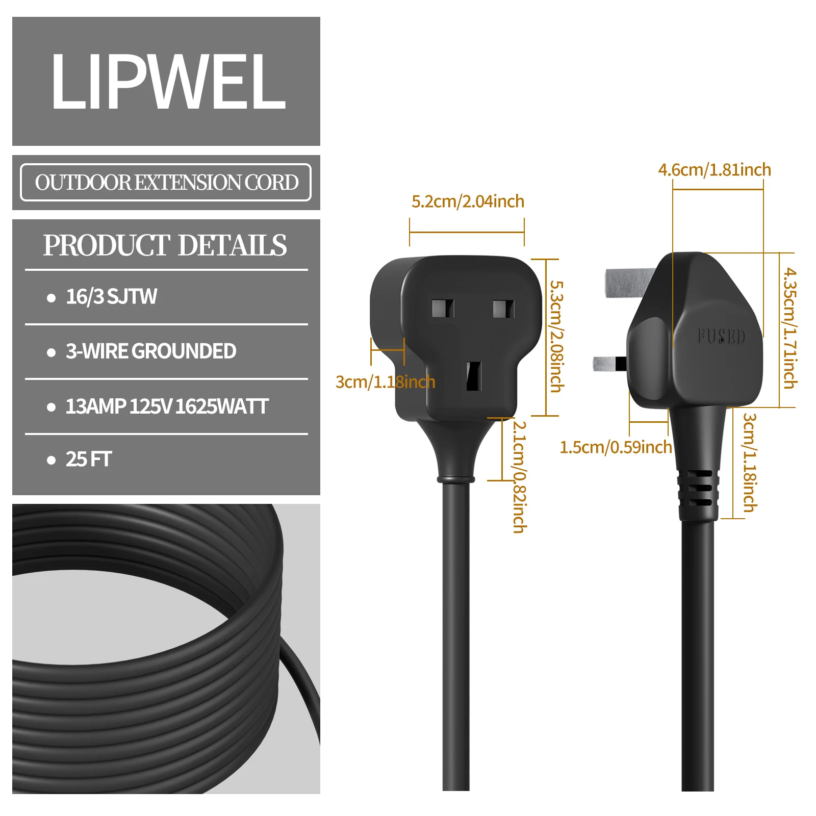 1pc black multifunctional power extension cord socket 13A 3250W suitable for garden and camping use Power cord extension socket