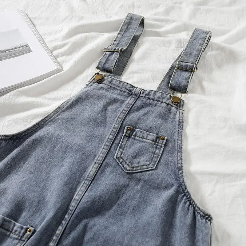Denim Jumpsuits Women Vintage Streetwear Korean Style High Waist Jumpsuit Retro All-match Pockets Loose Suspenders Trousers Chic