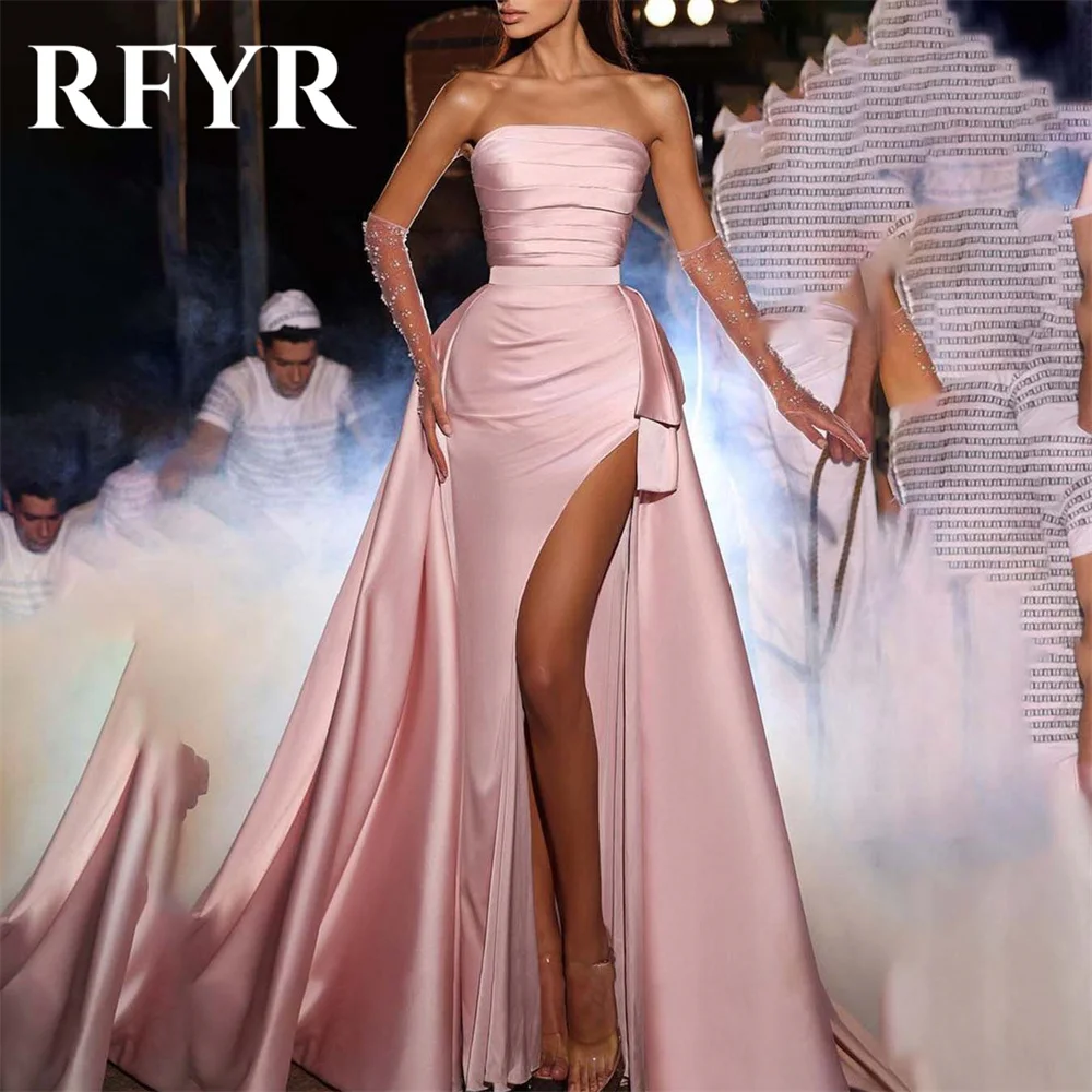 

RFYR Pink A-Line Formal Dresses Stain Pleat Party Dress with SIde Slit Strapless Sleeveless Special Occasion Dress robe soirée