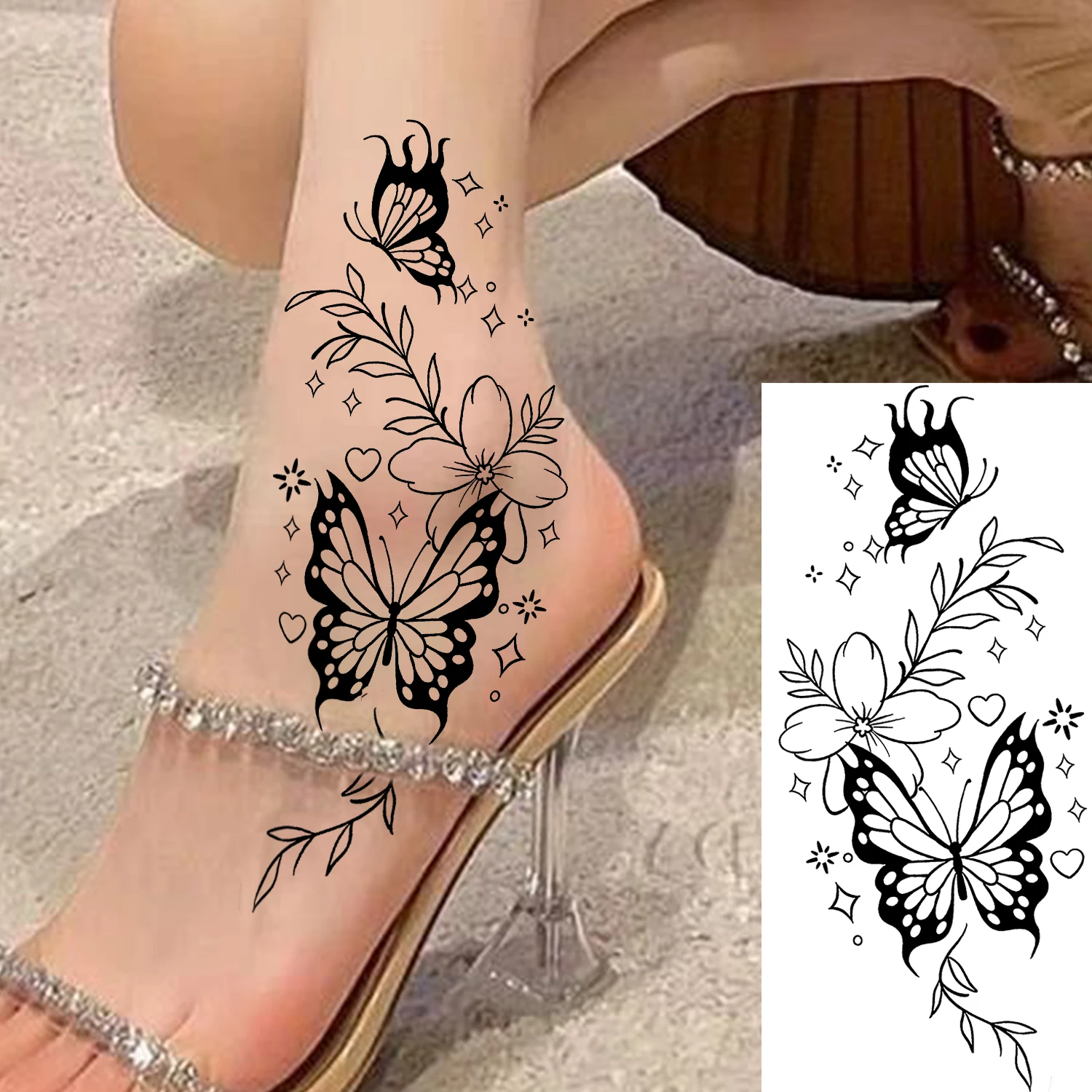 1 Sheet Butterfly Flowers Temporary Tattoos For Women Hands Foot, Fake Tattoo Stickers Waterproof Long Lasting Realistic Tatoos