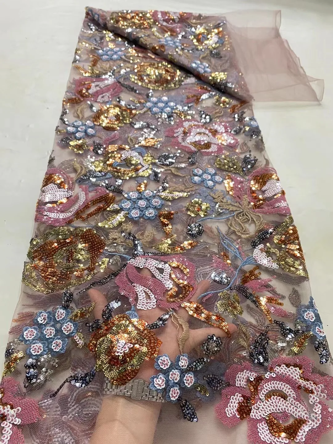 

2024 High Quality African Nigeria Tulle Lace Fabric Sequins French Embroidery Wedding Party Dress Beads Stone 5Yards DP0284