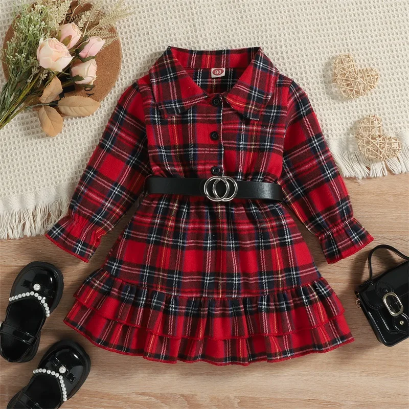 Cute Baby Girls Winter Dress Plaid Lapel Long Sleeve Button-Down Ruffles Hem Dress with Belt for Christmas Party