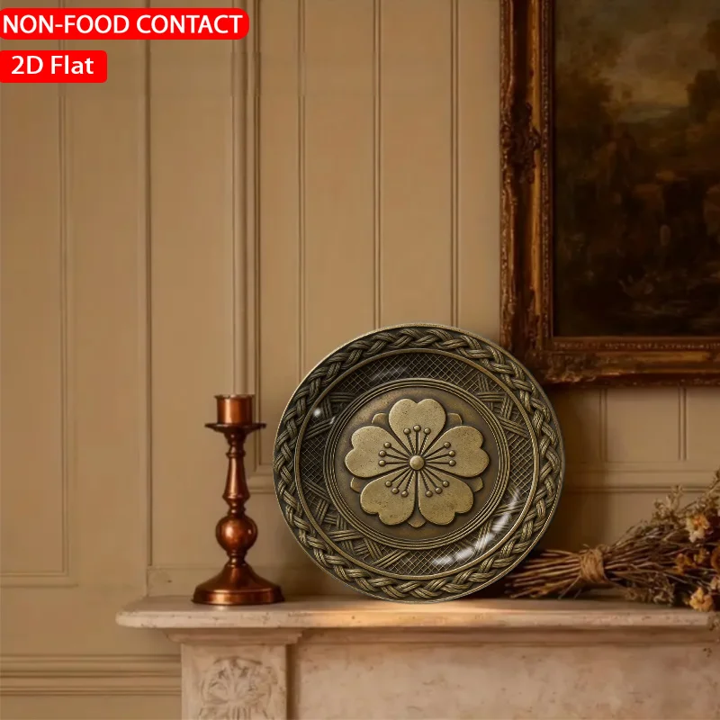 1pc Retro Embossed Flower Bronze Ceramic Plate Non-Food Contact, Home Desk Ornaments, Living Room And Bedroom Decorations,
