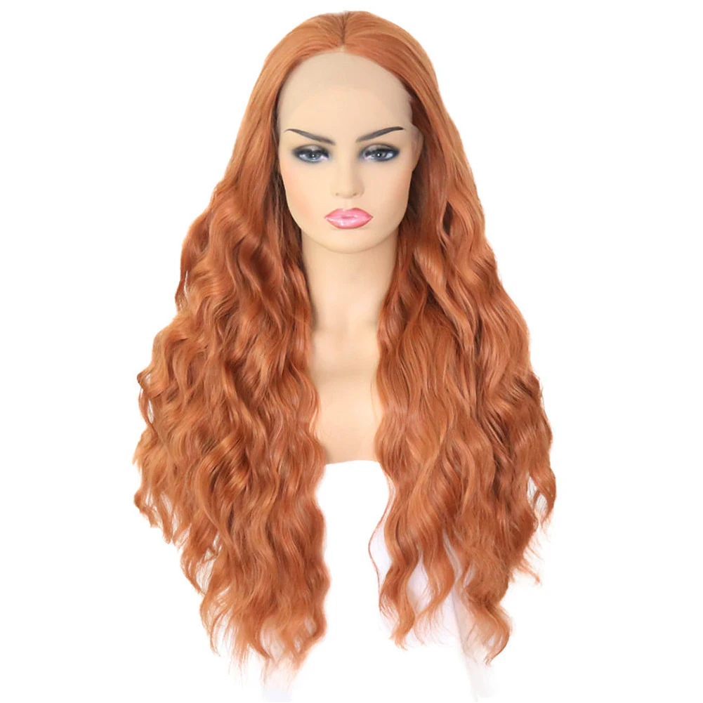 AIMEYA Long Wavy 13X4 Lace Wig Syntheitc Hair Ginger Wigs for Women Natural Hairline Cosplay Party Lace Frotnal Halloween Wig