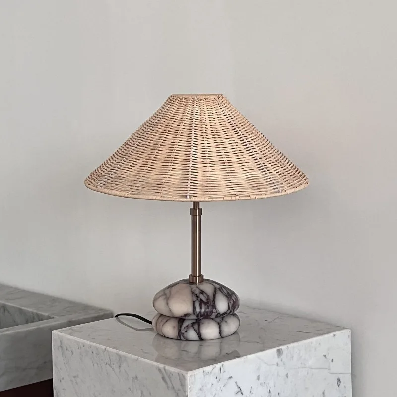 

100% Natural Marble French Mid-Century Rattan Table Lamp, Bedroom Bedside Light