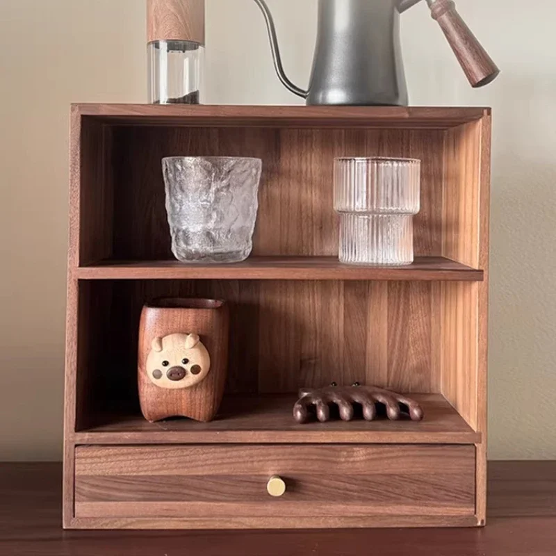 Solid Wood Tea Cup Nine Grid Storage Rack Black Walnut Wood Multi Grid Tea Set Desktop Display Cabinet Home Supplies
