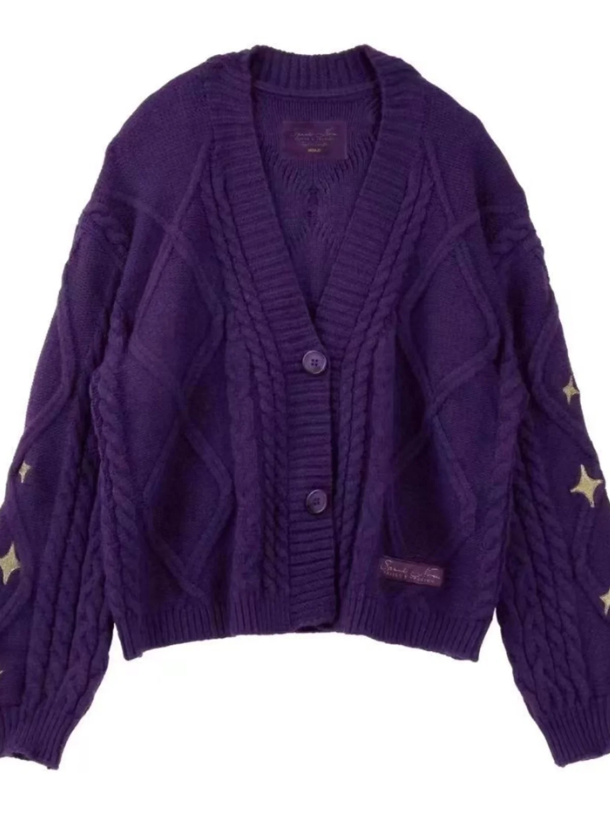 

Осень-зима, новый свободный фиолетовый вышитый звезда, женский открытый кардиган, свитер, удобный женский топ с v-образным вырезом