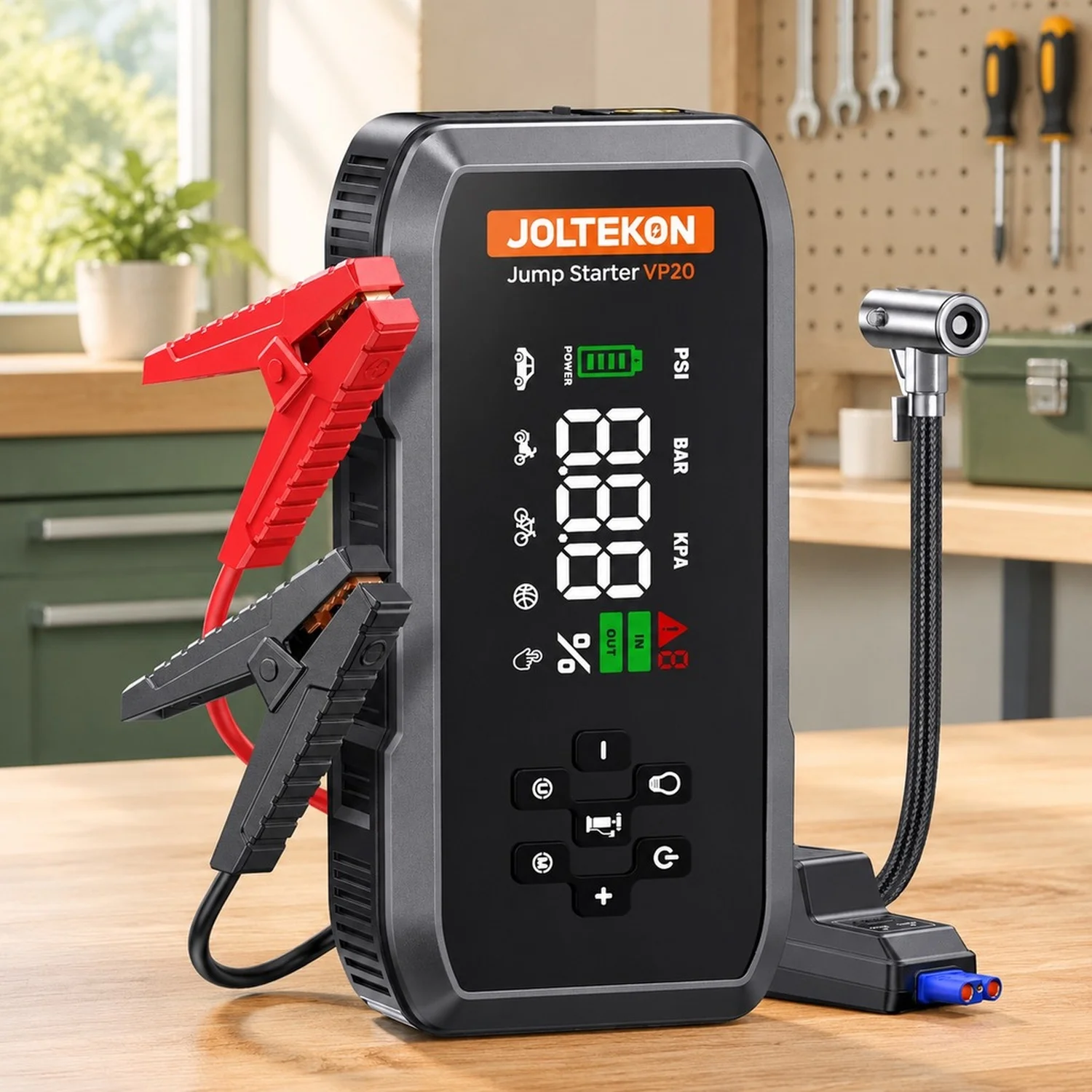 Car Battery Jump Starter with Air Compressor, 5000A Powerful Jumper Portable 150PSI Auto-Pause Pump, 12V Box for 10-Safety