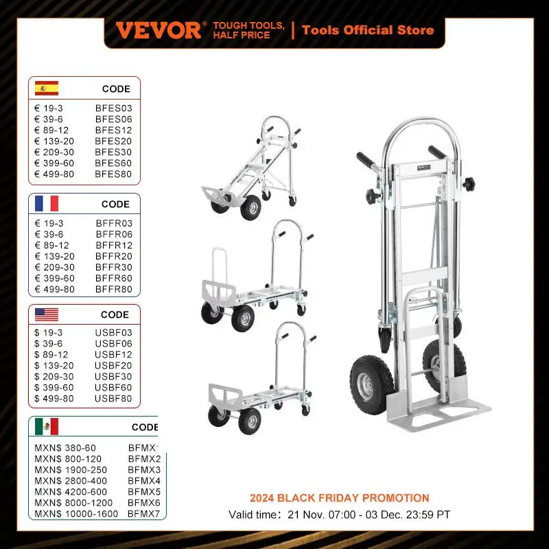 VEVOR Aluminum Folding Hand Truck Heavy Duty Industrial Collapsible Dolly Cart for Transport and Moving in Warehouse Supermarket