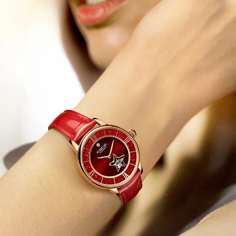 MIGE Automatic Mechanical Women Wristwatches Genuine Leather Strap Waterproof Fashion Watch For Women Sapphire