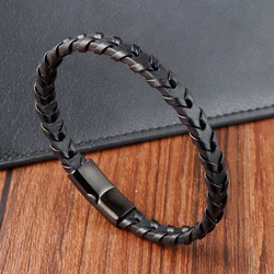 Stainless Steel Black Leather Bracelet For Men Stripe/Box Chain Color Choose Fashion Bangles Jewelry Birthday Party Gift