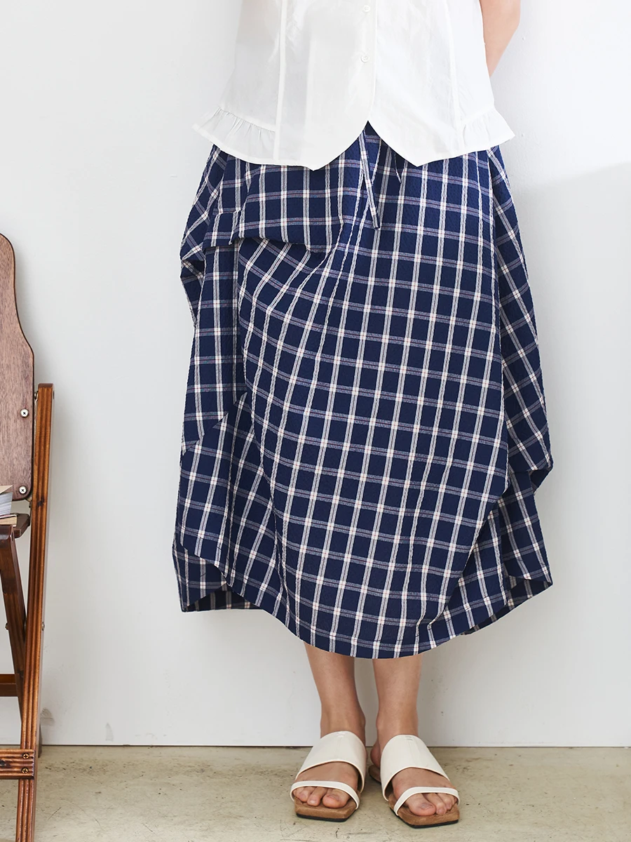 

Юбка Zimode Artistic Midi в клетку, женская, А-силуэт, тонкая, летняя, 2025, из смесового полиэстера и хлопка, повседневная