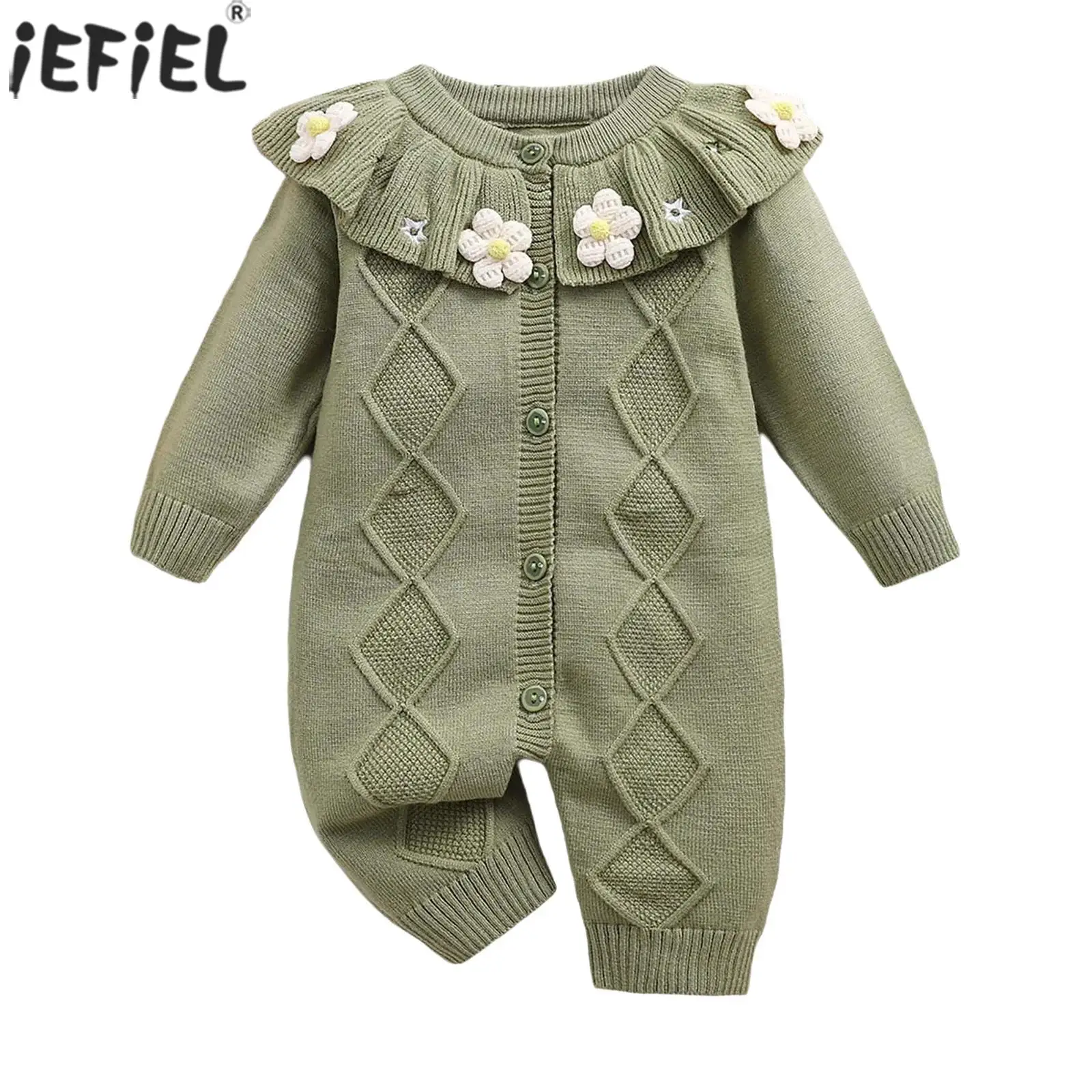 

Осенне-зимний свитер для маленьких девочек, комбинезоны с 3D цветами, воротник с рюшами и длинными рукавами, вязаное боди, повседневная одежда для малышей