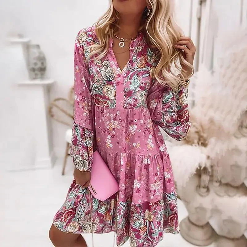 Bohemian Style Flower Printed Dresses For Women Flared Sleeves V-neck Fashion Casual Loose Ladies Dress Vestidos 2023 Autumn New