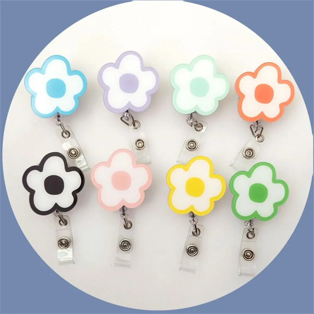 Acrylic Flower Retractable Badge Clip Cute Students Nurse Work Card ID Name Card Holder Keys Lanyard Colorful Easy Pull Buckle