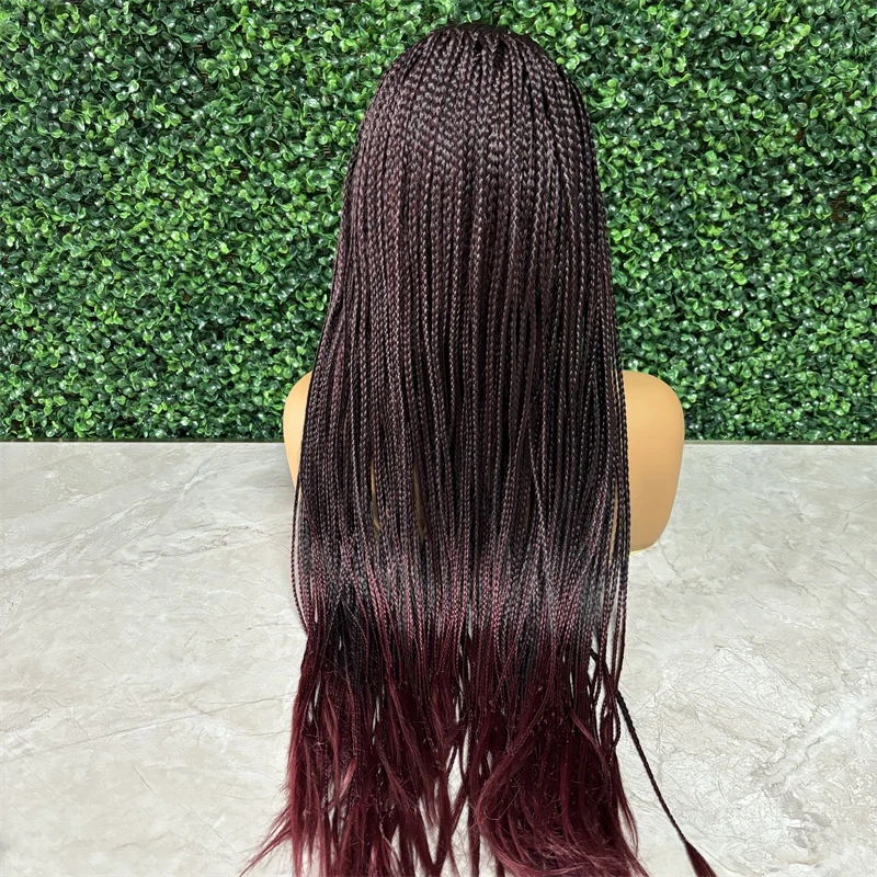 Fashion Lace Closure Braided Wigs Straight 1B/99J Synthetic Knotless Box Crochet Braids Hair Wig for Black Women Pre Plucked