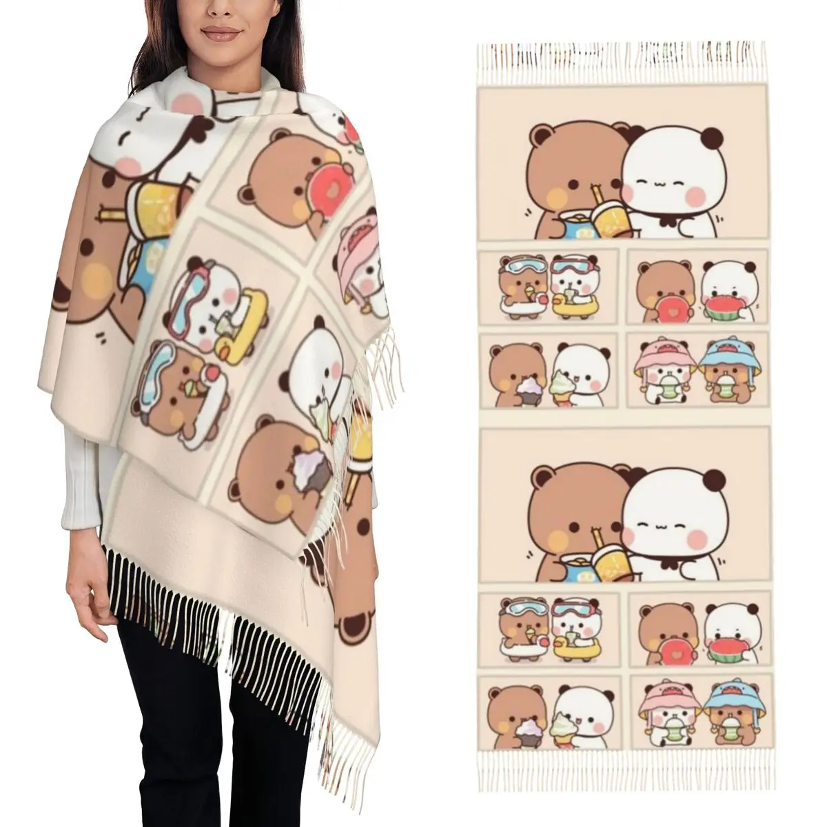 

Bubu Dudu Panda Bears, шарф с вишневым сердечком и кисточками, женские мягкие теплые шали и накидки, большая осенне-зимняя шаль, накидка