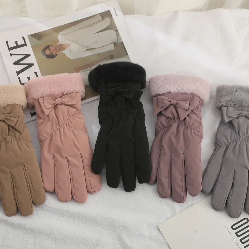 شاشة تعمل باللمس قفازات الشتاء Bowknot الرياح مقاوم للماء الباردة المقاومة قفازات ركوب الدراجات الصوف الحراري الدافئة التزلج القفازات شتاء جديد #1