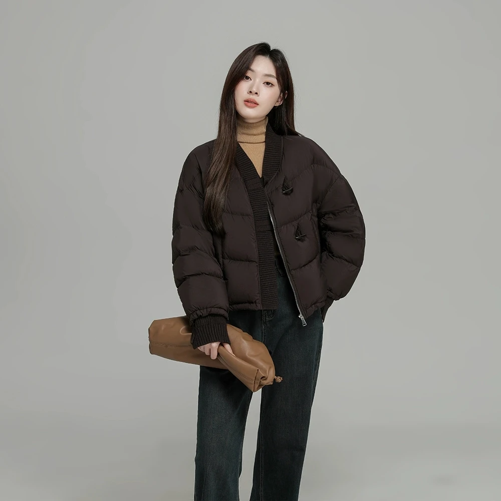 Jaqueta curta de malha para mulheres 2025 inverno novo 95% pato branco para baixo pequena fragrância casaco grosso feminino casual topo