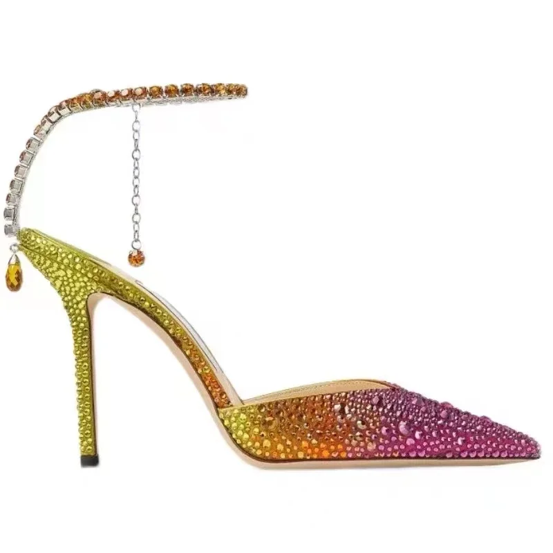 2024Summer New Sexy and playful Pointed V-necked Rhinestone High Heels, Thin Heels, Baotou, One Button Sandals, Female