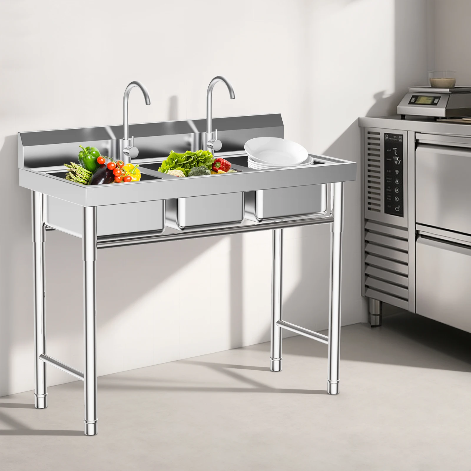 

3 Compartment Kitchen Sink with 2 Faucets, 304 Stainless Steel Triple Sink Basin, Freestanding Utility Wash Station for Outdoor Garage Laundry Room
