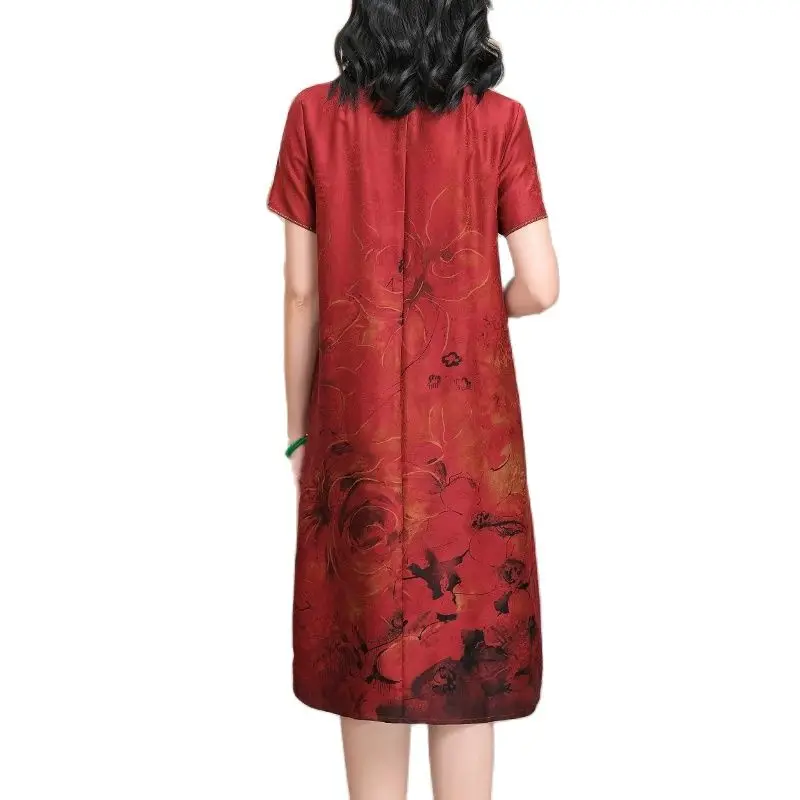 BirdTree, Watered Gauze Silk Elegant Dresses, Women Stand Print, Vintage Mom Oversize Cheongsam, 2024 Spring Summer D453109QM