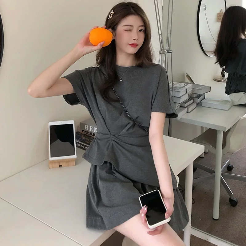 New Women Irregular Tops and Shorts Skirt Two Piece Set Solid Colors O Neck T-shirts Sport Shorts Suits Casual Sprot Set Fashion
