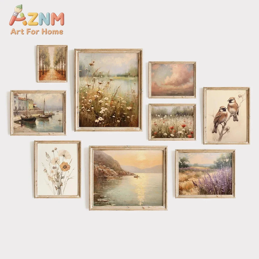 azNM Vintage Farmhouse Canvas Wall Art Wildflower Bird Harbour Sunset Lavender Country Landscape Oil Painting Print for Living R