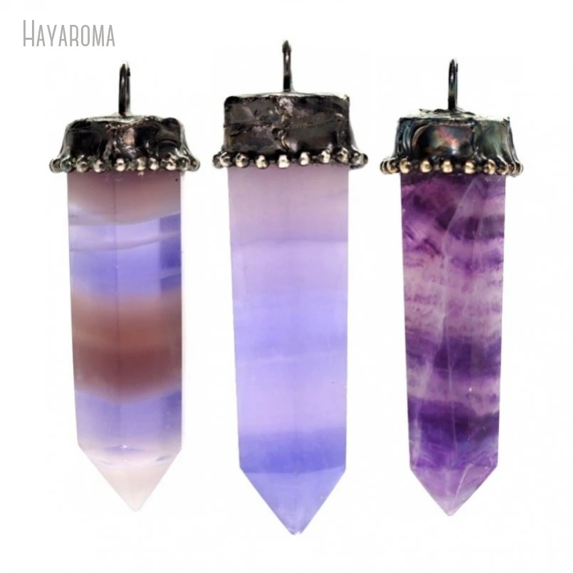 

10Pcs Wholesale Antique Silver Color Violet Fluorite Vintage Handmade Jewelry Soldered Hexagonal Prisms Point Pendant PM45200