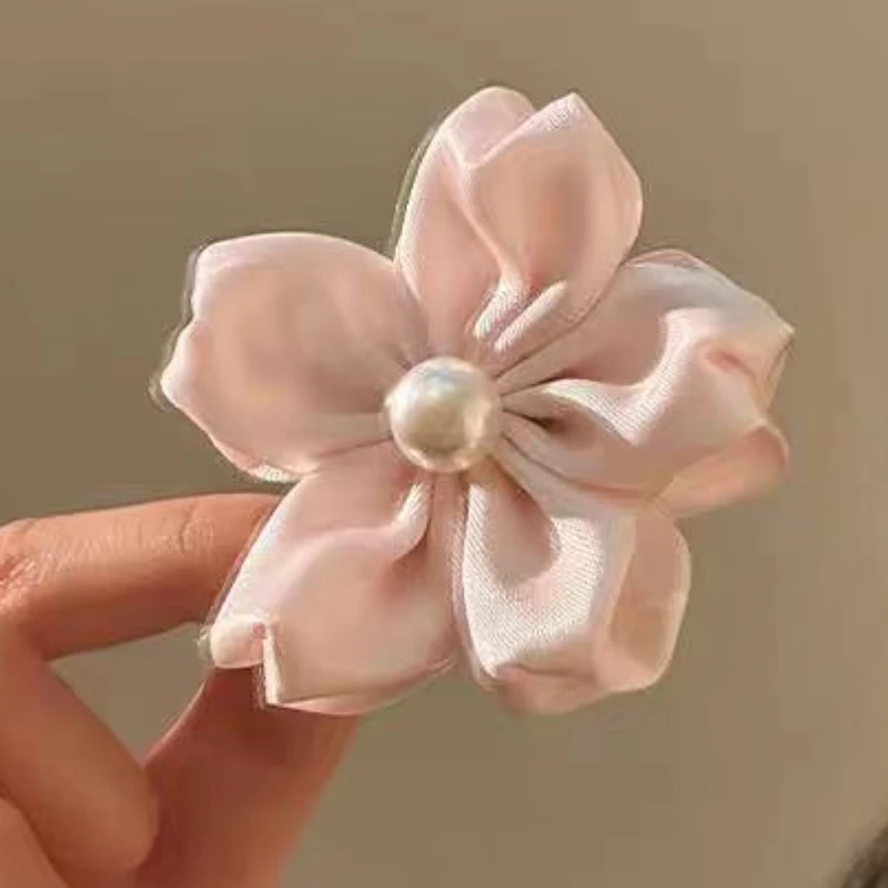 

Korean Style Elegant Satin Cherry Blossom Hair Clip Pearl Accented Gentle Girly Floral Hair Accessories for Women