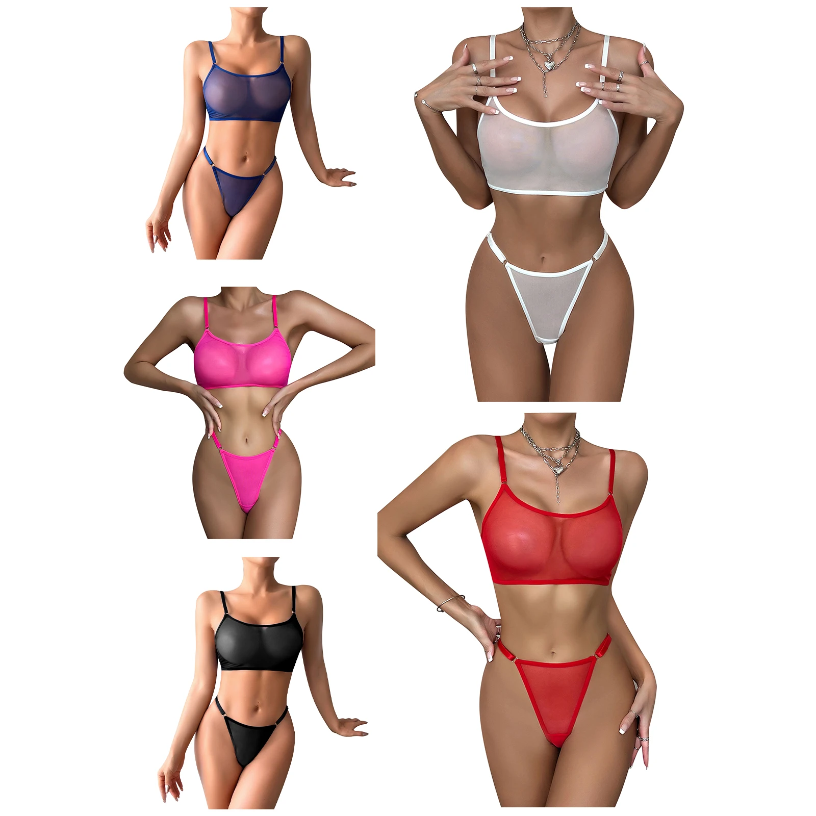 2Pcs Sexy Super Thin Bikini Lingerie Set See Through Micro Bikinis Adjustable Straps Bra and G-strings Nightwear Suit for Women