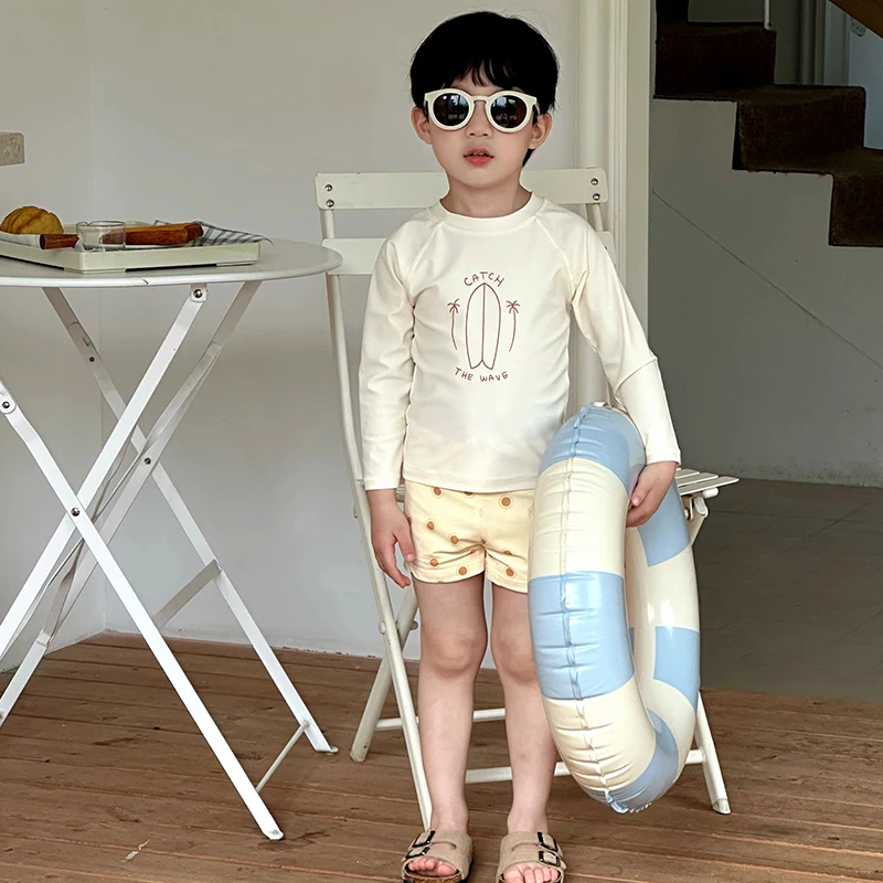 

Boys Swimsuit Baby Boys Sunsuit Long Sleeve Top+Short Pants Bottom Set Kids Bathing Suit Child Beach UV Protection Set Size 2-9Y