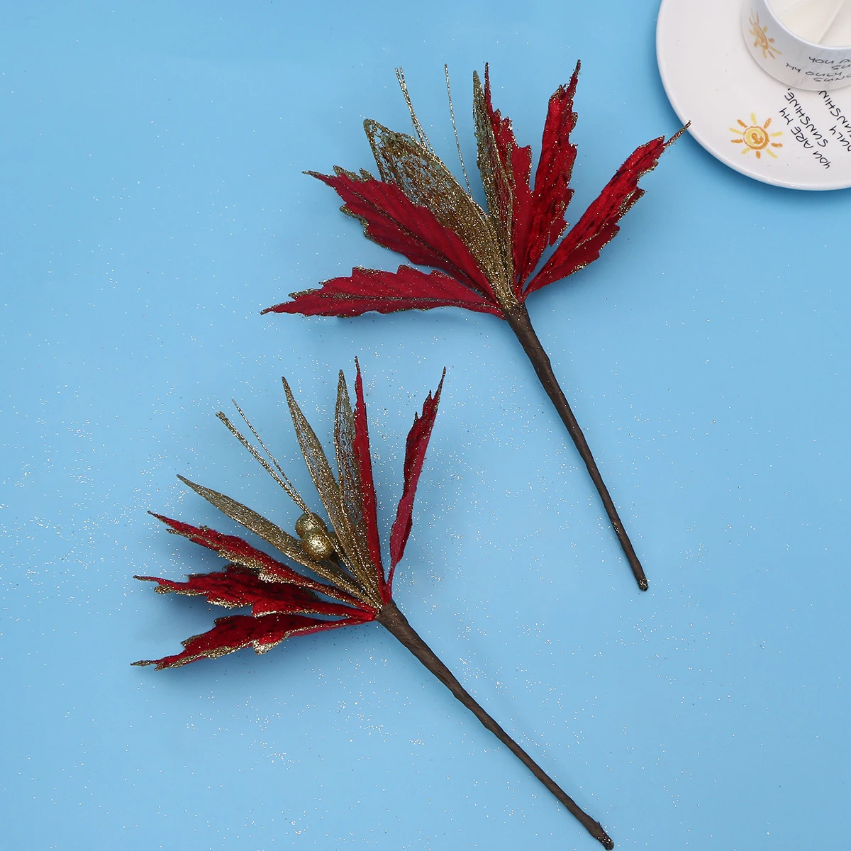 

6pcs Christmas Simulation Flower Decorations Red Glitter Cloth Flowers Lightweight Fake Floral Xmas Ornament For Tree Wall Door