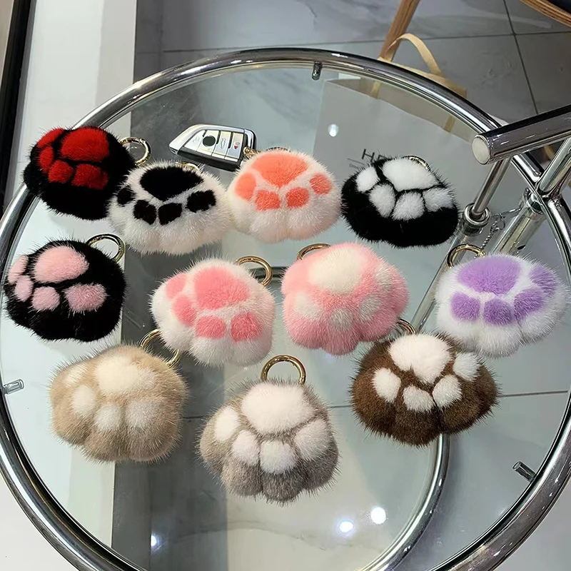 Pink Black Fluffy Cat Paw Keychain Hair Pompon Keychain For Women Girls Cute Paw Pendant Car Key Ring Bag Decor