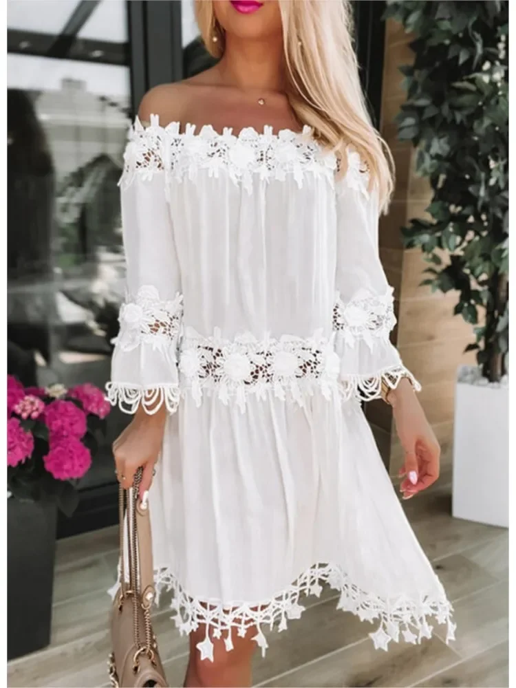 Women's Autumn White Tube Top One Shoulder Dress Women's Hollow Floral Lace Loose Fashion Casual Ladies Clothing