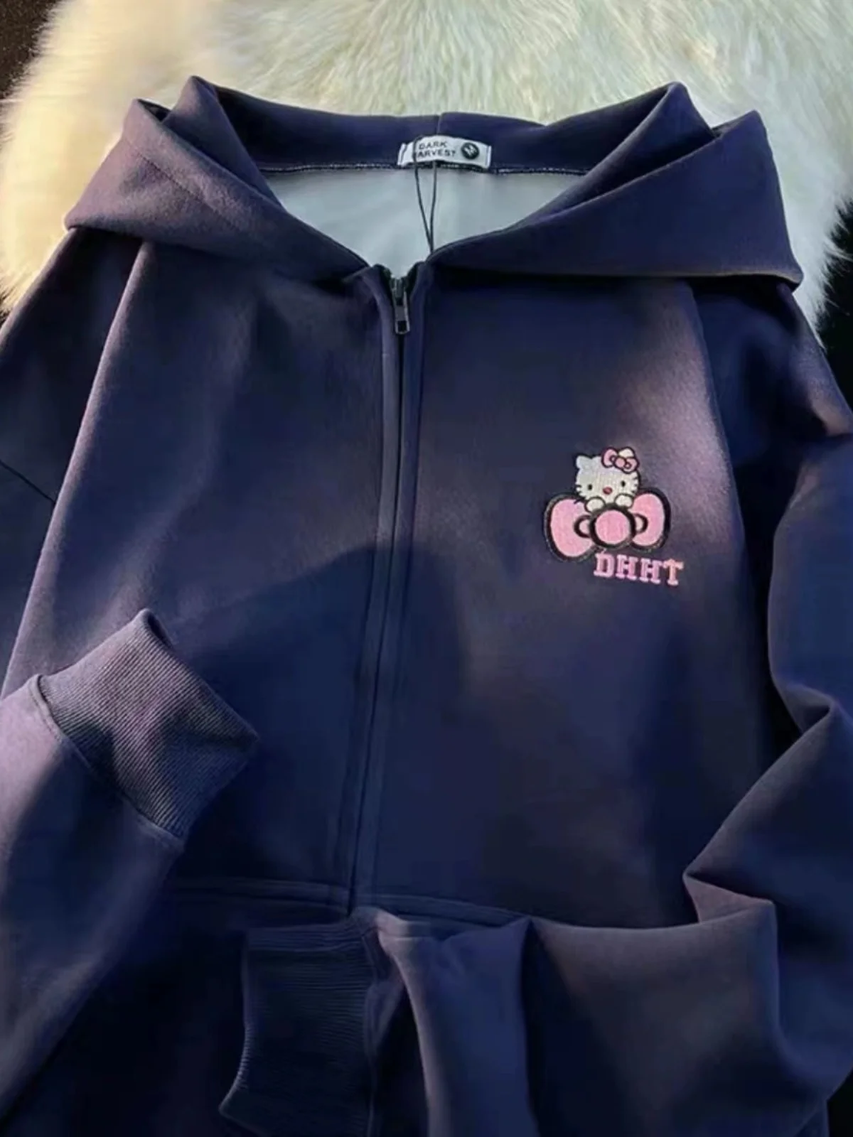 Americano vintage bonito kit bordado hoodie fce forrado zíper jaet feminino solto preguiçoso topo longo sve coreano sle