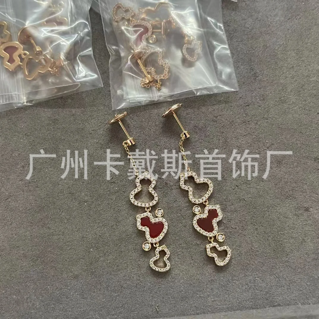 V gold new three-gourd red and green agate earrings CNC Seiko version Fulu follows good luck, factory direct sales