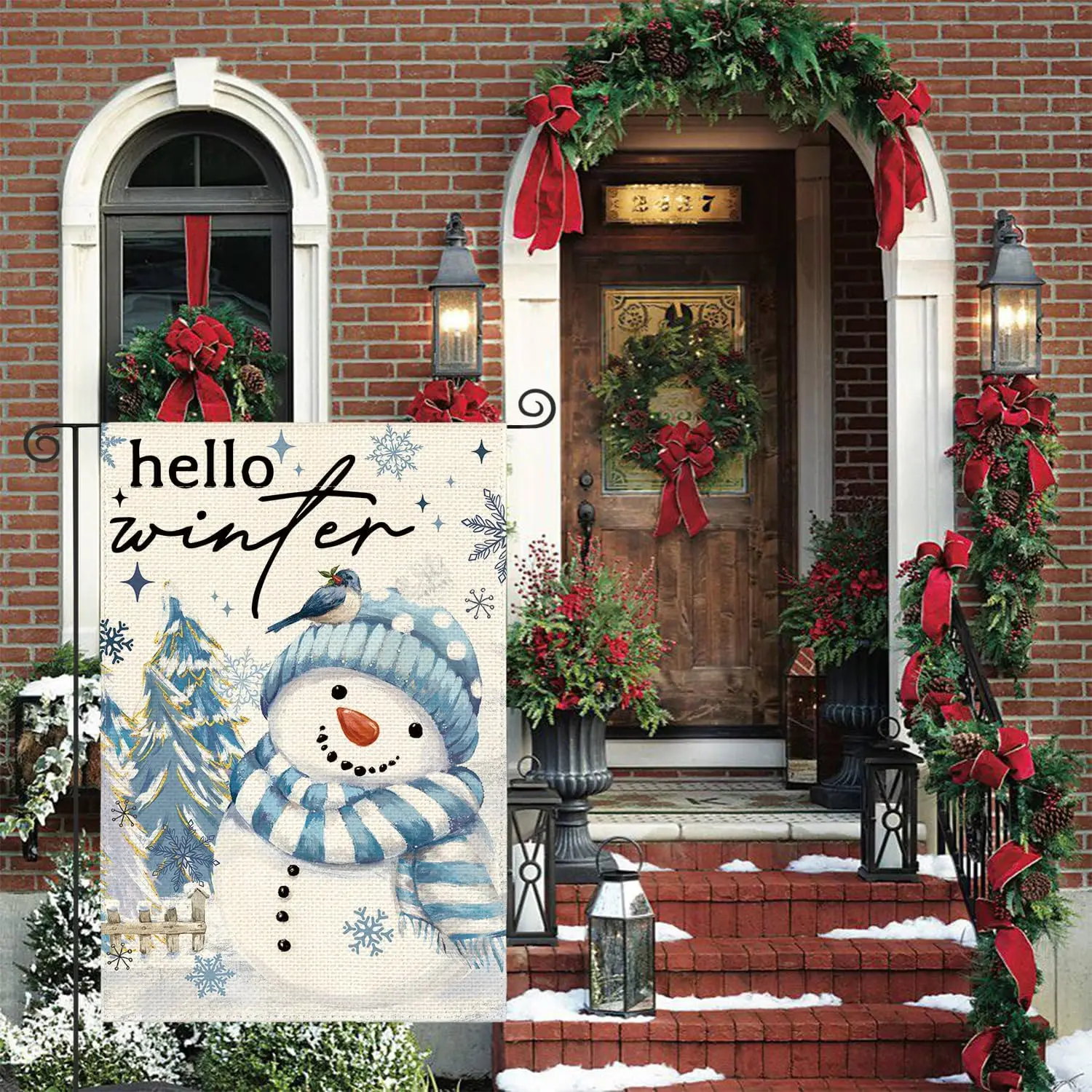 AVOIN colorlife Snowman Cardinal Hello Winter Garden Flag 12x18 Inch Double Sided, Polka Dot Winter Holiday Yard Outdoor Flag