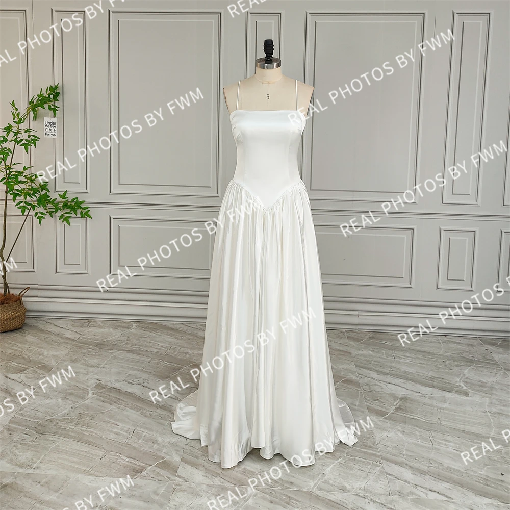 20107# Real Photos Stunning Spaghetti Straps Soft Satin Wedding Dress For Bride 2024 Drop Waist Bridal Gown For Photography