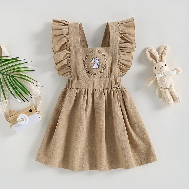 

Adorable Toddler Easter Jumpsuit Sweet Sleeveless Chick Embroidery Ruffle Romper Dress with Straps