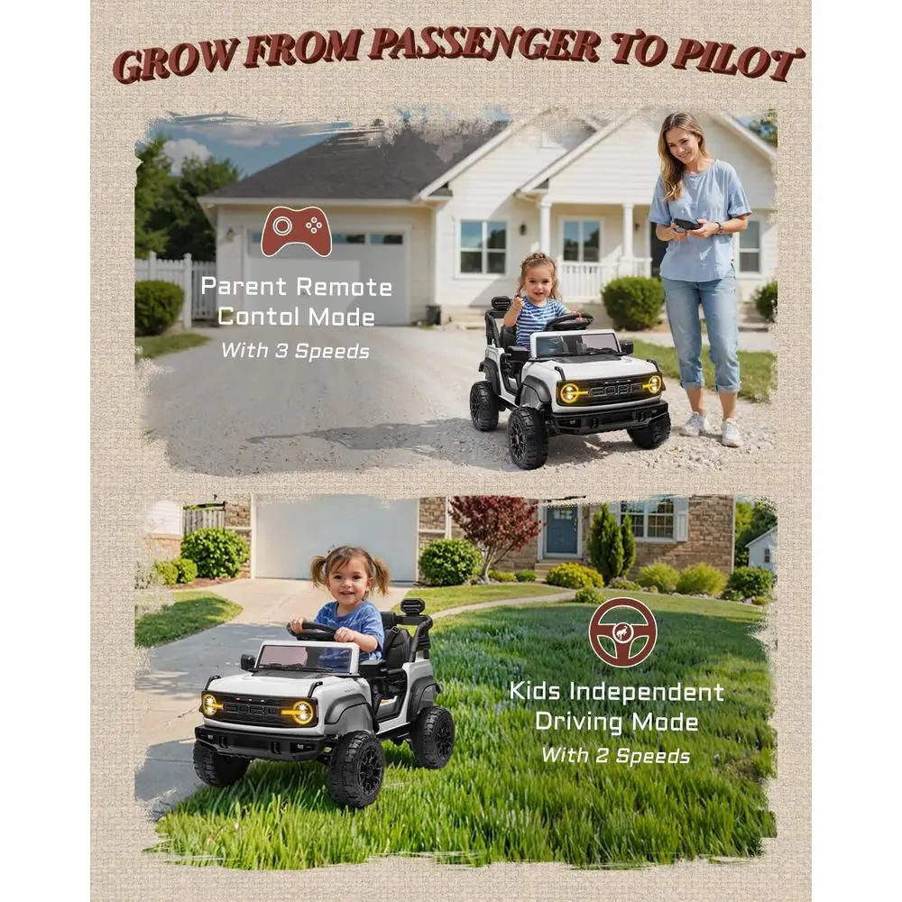 Ford Bronco Raptor 12V Elektryczny Samochodzik dla Dzieci, Bezpieczny Ciężarówka dla Dzieci z Pilotem, Białe Elektryczne Autko dla Dzieci