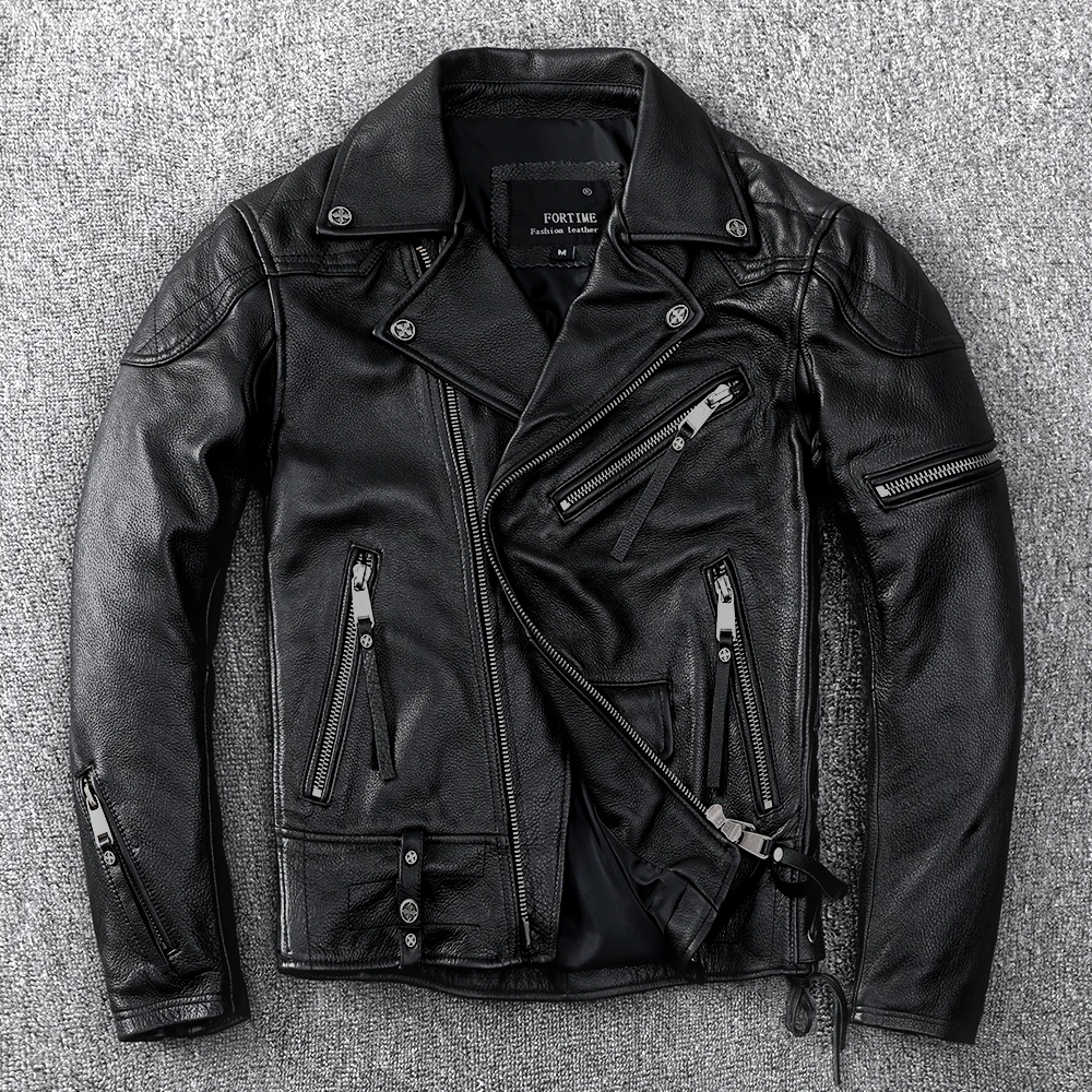 Black Autumn Leather Jacket Men Diagonal Zipper Plus Size 5XL Natural Thick Cowhide Slim Fit Genuine Leahter Coat