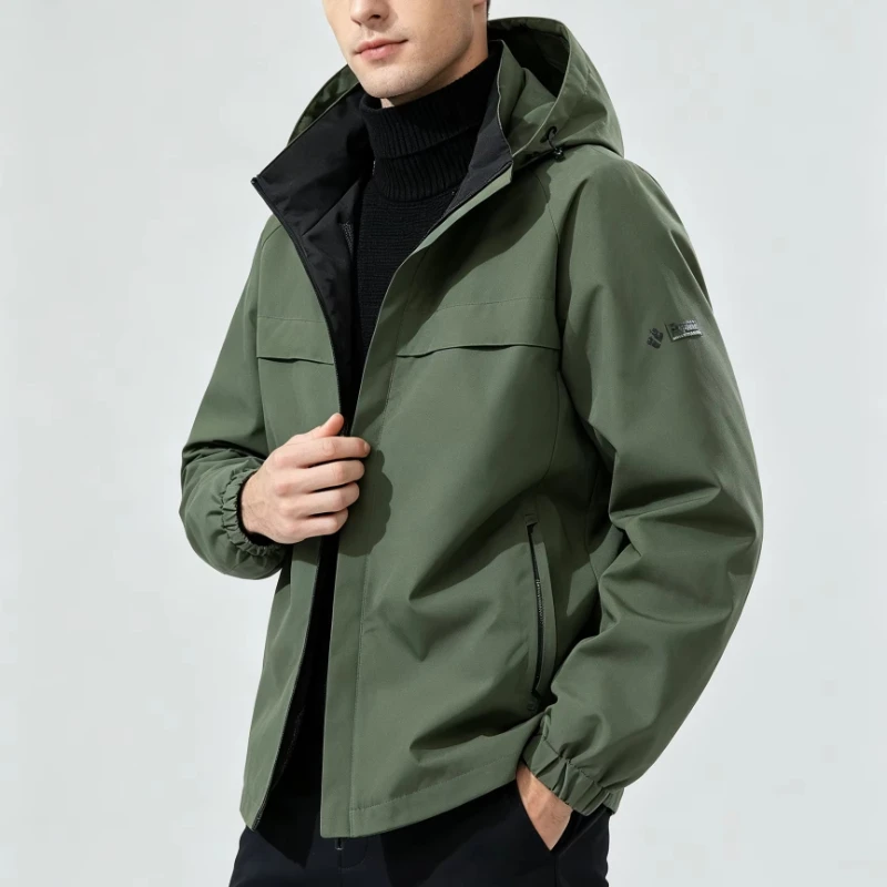 Autumn Men's Army Green Hooded Windbreaker Jackets Full Zip Multi Pockets Workwear Man Mesh Lined Loose Fit Outdoor Casual Coats