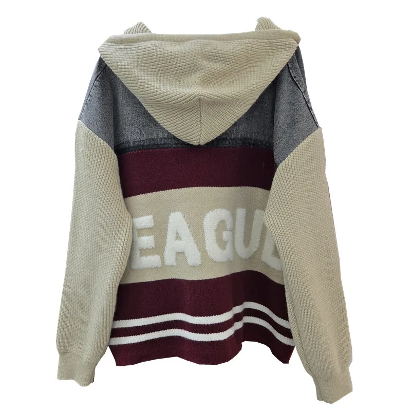 2025 Autumn New Loose Hooded Patchwork Letter Color Block Denim Knit Jacket Women's Trendy Letter Jacquard Winter Clothes
