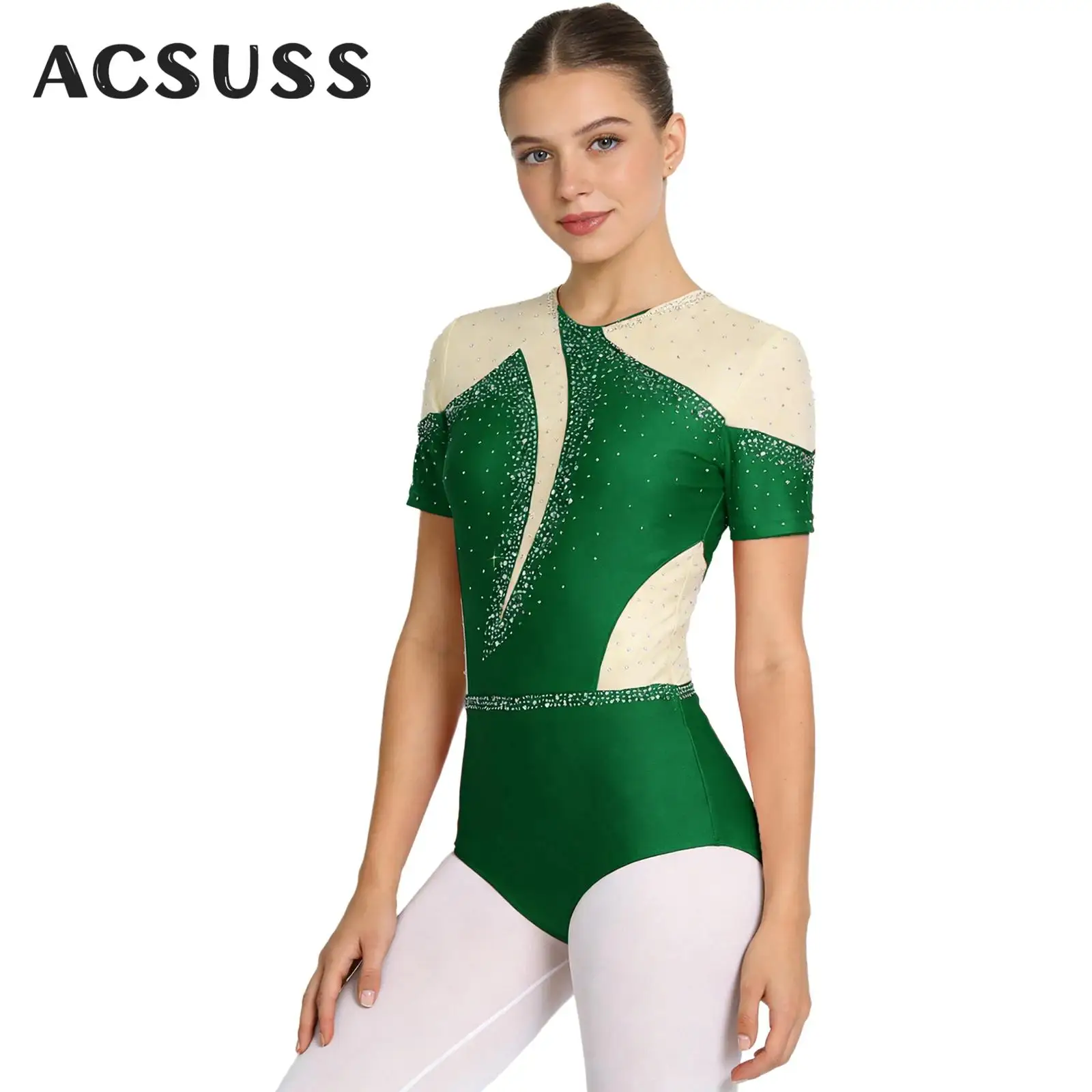 

Женский купальник для балета и танцев, гимнастики, блестящие стразы, прозрачное сетчатое боди с короткими рукавами для художественного фигурного катания