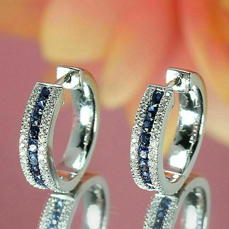 Huitan Chic Blue CZ Hoop Earrings for Women Fashion Design Temperament Female Ear Circle Earrings Daily Wear Versatile Jewelry