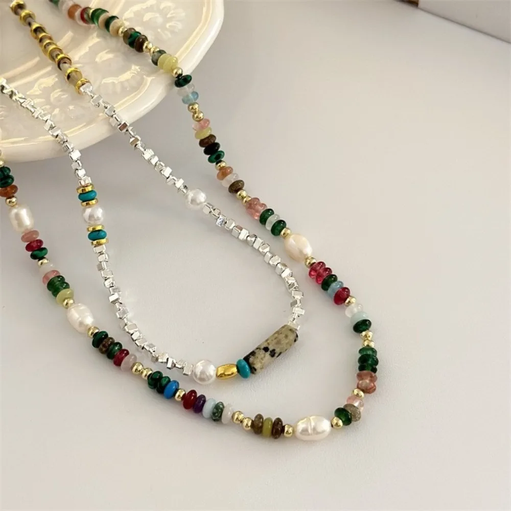 أزياء حجر الترقوة سلسلة البوهيمي قوس قزح الخرز قلادة بسيطة البذور القلائد الملونة النساء #2