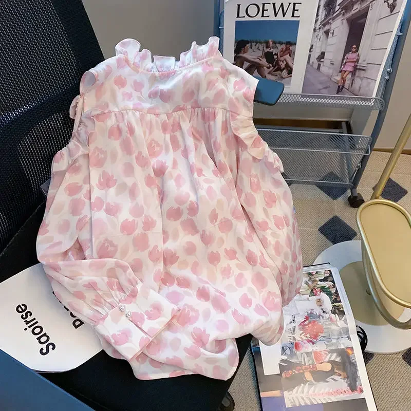 French Gentle Holiday Style Off-shoulder Floral Chiffon Shirt for Women in Summer New Design Ruffled Shirt